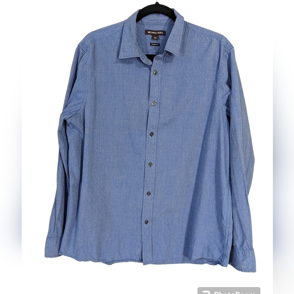Michael Kors men's blue shirt with Swiss dot pattern button down front Shirt XL